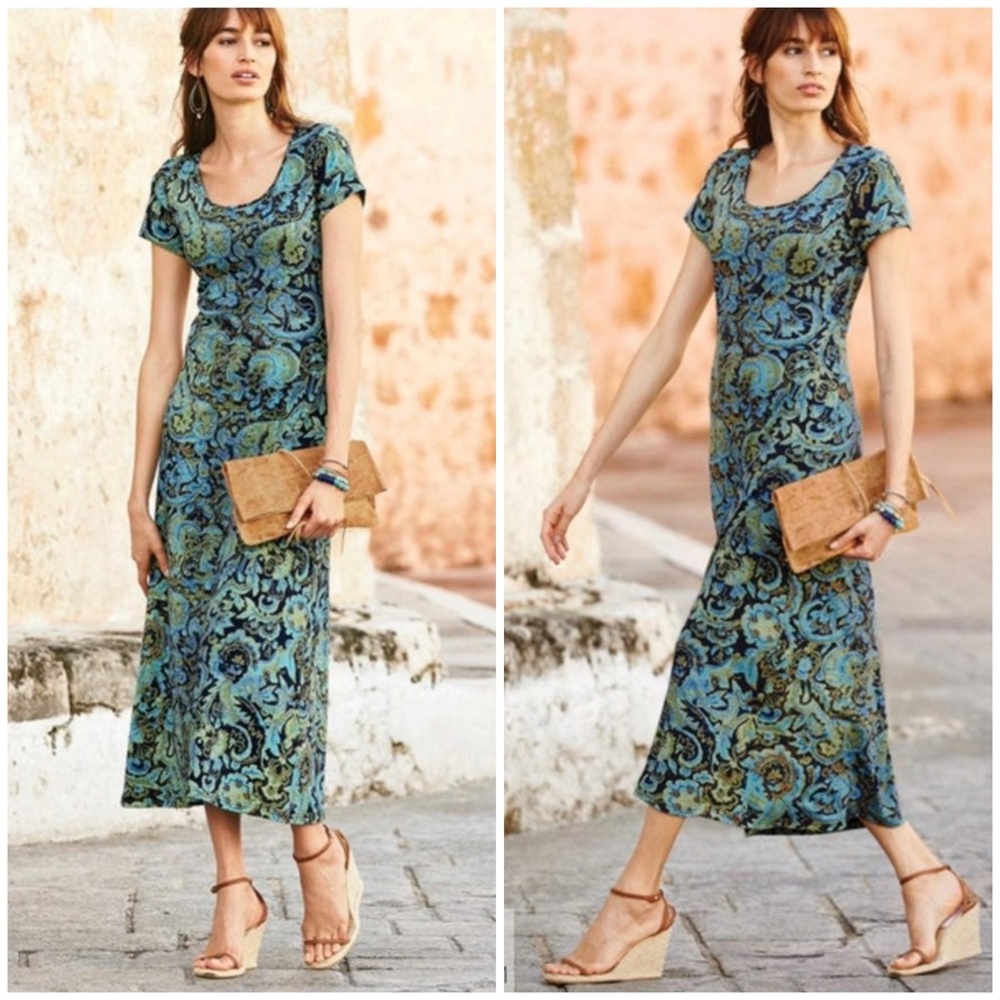 Peruvian Connection Green Blue Sheath T-Shirt Maxi Dress Resort Vacation Relaxed
